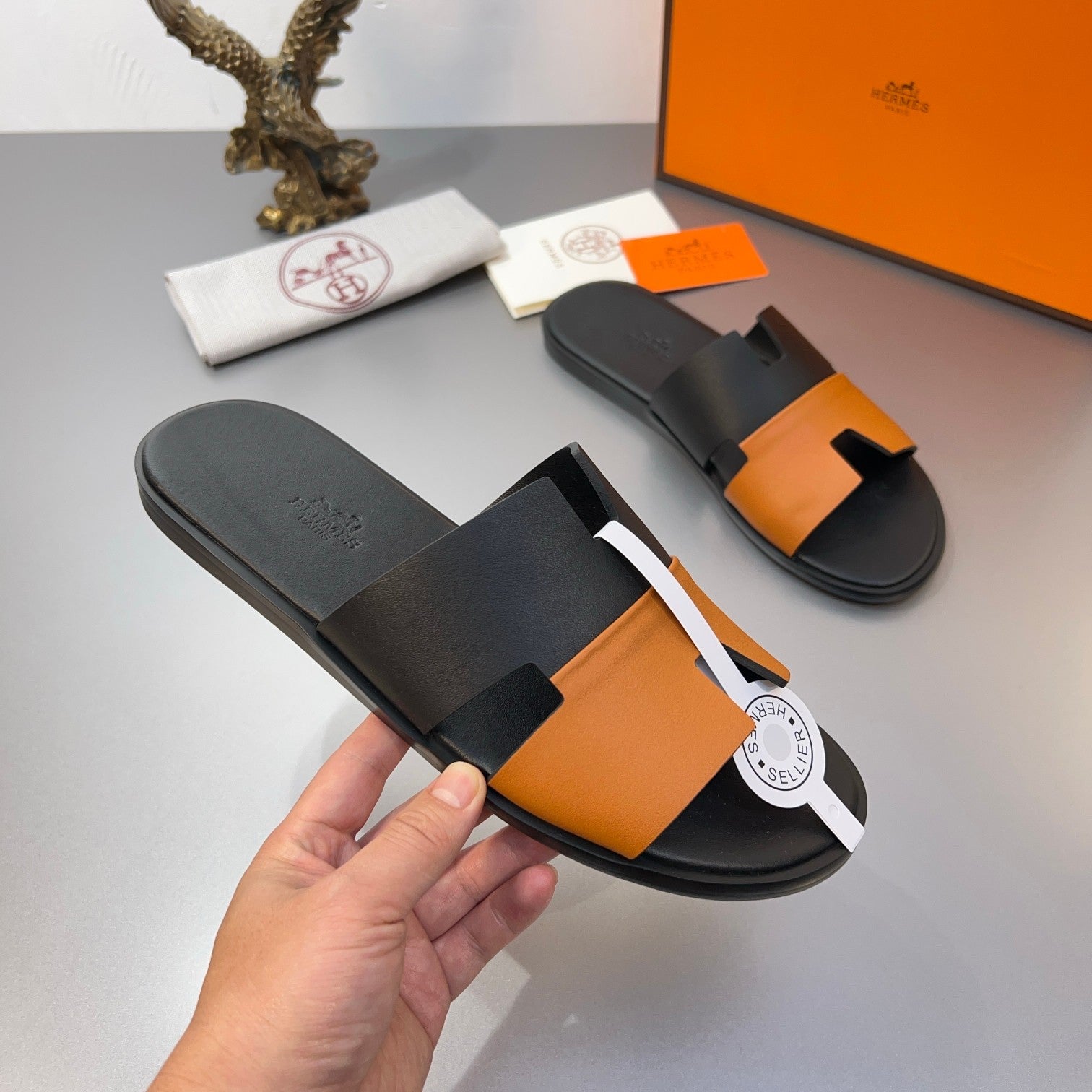 HM Oran Slippers in Black and Orange Calfskin 735648
