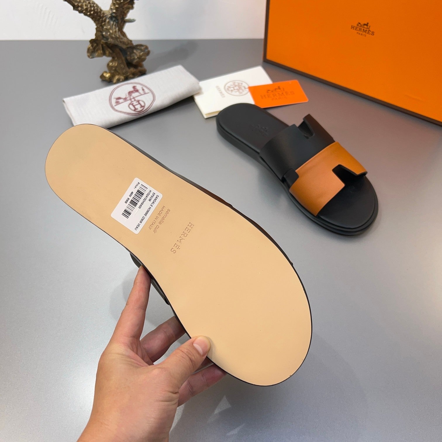 HM Oran Slippers in Black and Orange Calfskin 735648
