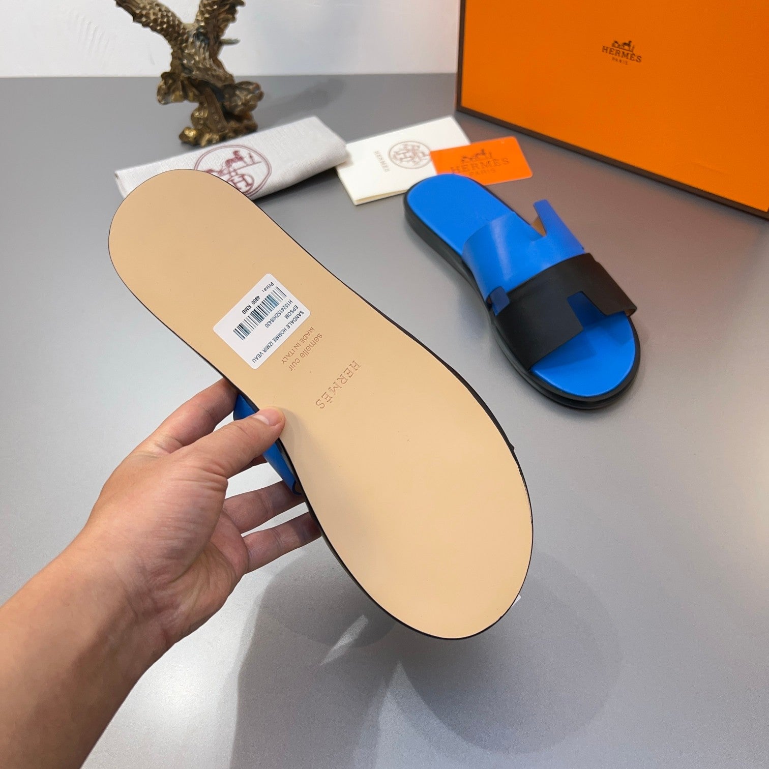 HM Oran Slippers in Blue and Black Calfskin 735649