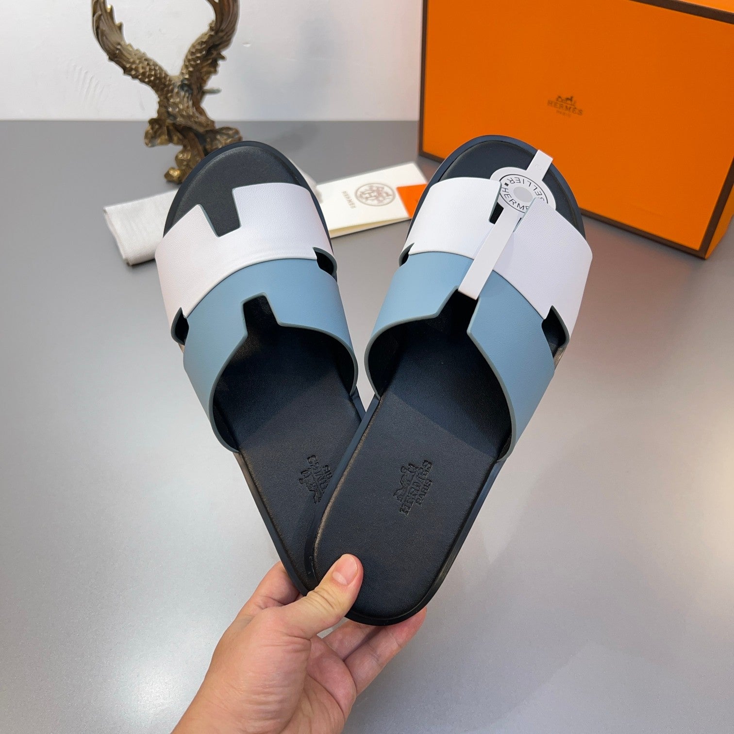 HM Oran Slippers in Cloud Blue and White Calfskin 735650