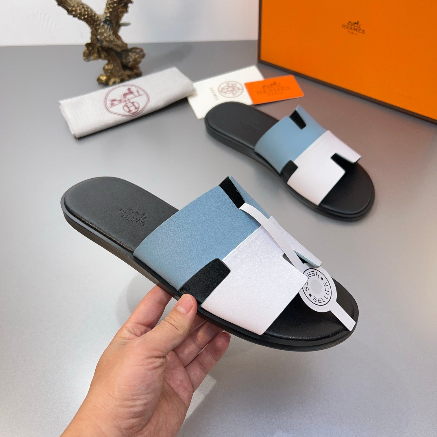 HM Oran Slippers in Cloud Blue and White Calfskin 735650