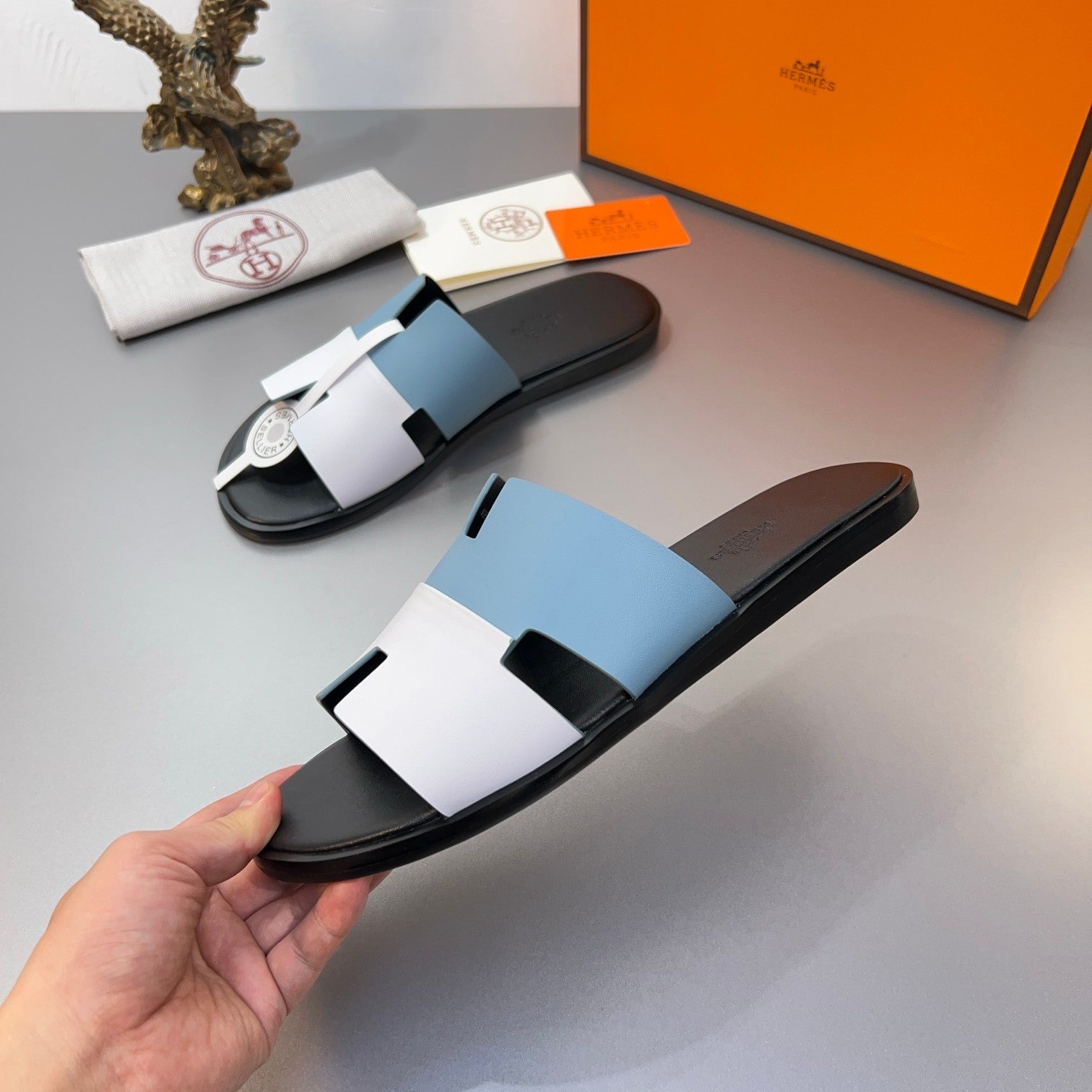 HM Oran Slippers in Cloud Blue and White Calfskin 735650