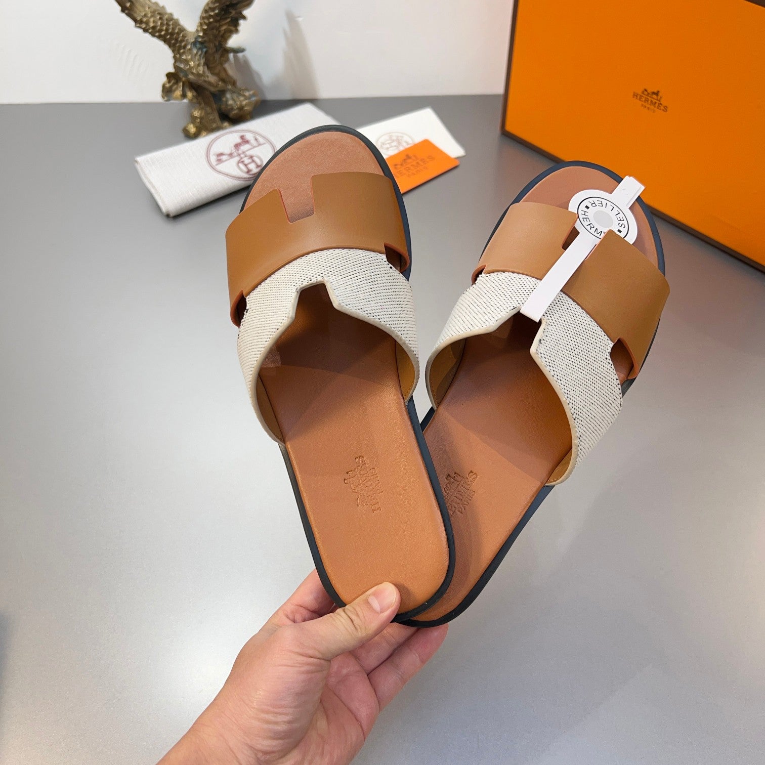 HM Oran Slippers in Brown and Grey Cowhide mix Canvas 735632