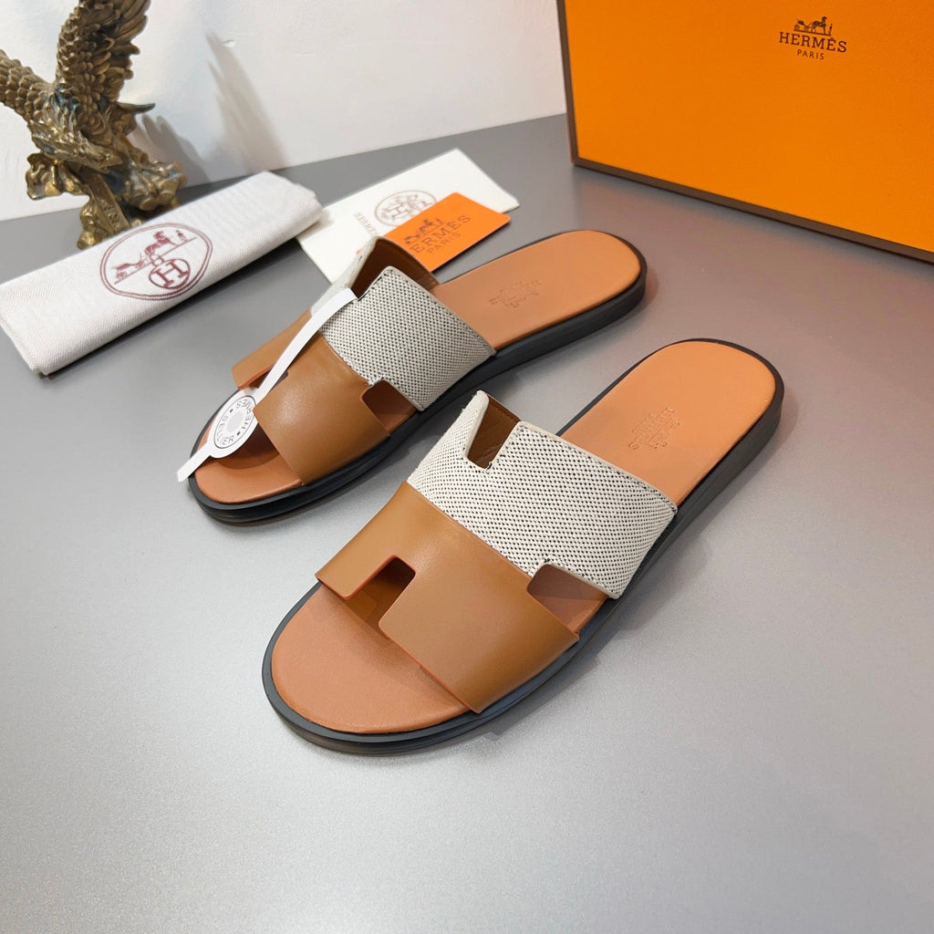 HM Oran Slippers in Brown and Grey Cowhide mix Canvas 735632