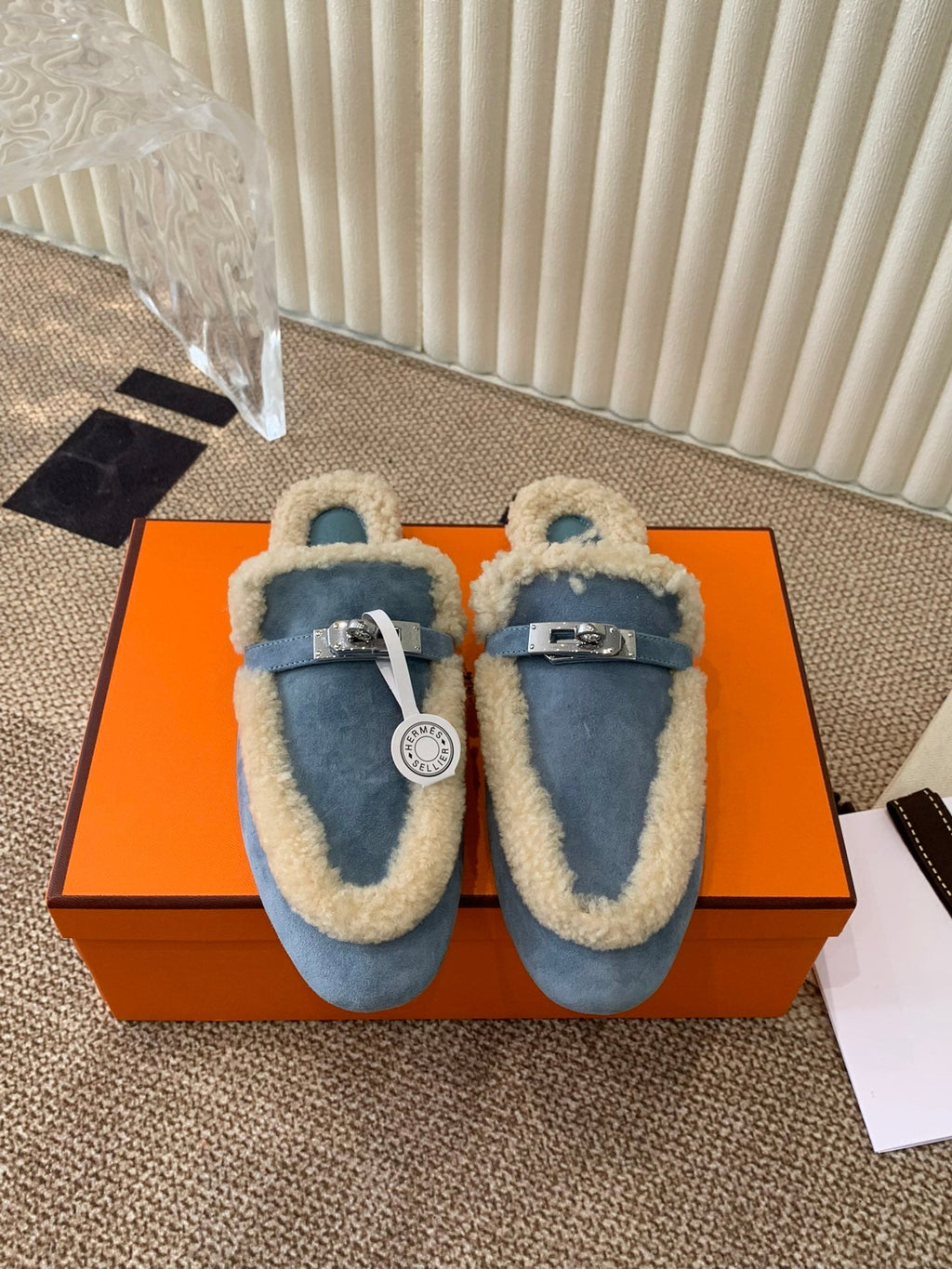 HM Oz Mule In Dark Pastel Blue Suede Lined With Wool Fleece 113199