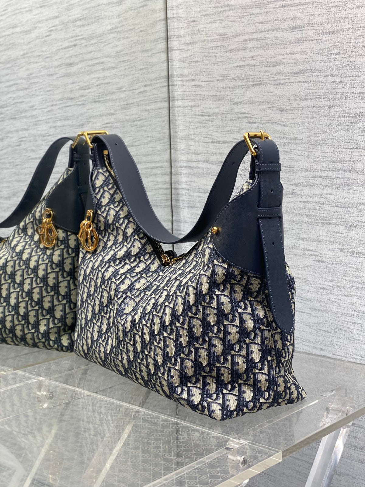 Dior 2025 Voyage Bag 34cm Navy Blue mix Beige Canvas Leather 270576