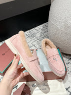 LP Summer Charms Walk Loafers In Light Pink Mix Beige Suede With Rabbit Fur Lining 985642