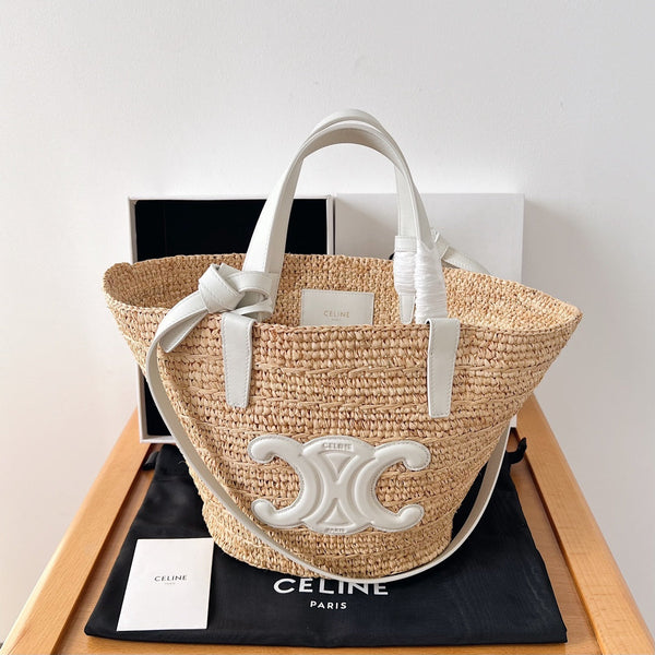 Celine Teen Supple Classic Panier 22cm White Calfskin Beige Raffia