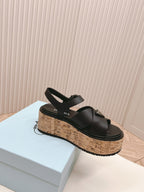 PRA WEDGE PLATFORM SANDALS BLACK CALFSKIN