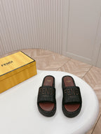 FENDI SIGNATURE WEDGE PLATFORM 6 CM IN BLACK FIBRE WITH BROWN EMBROIDERED LOGO