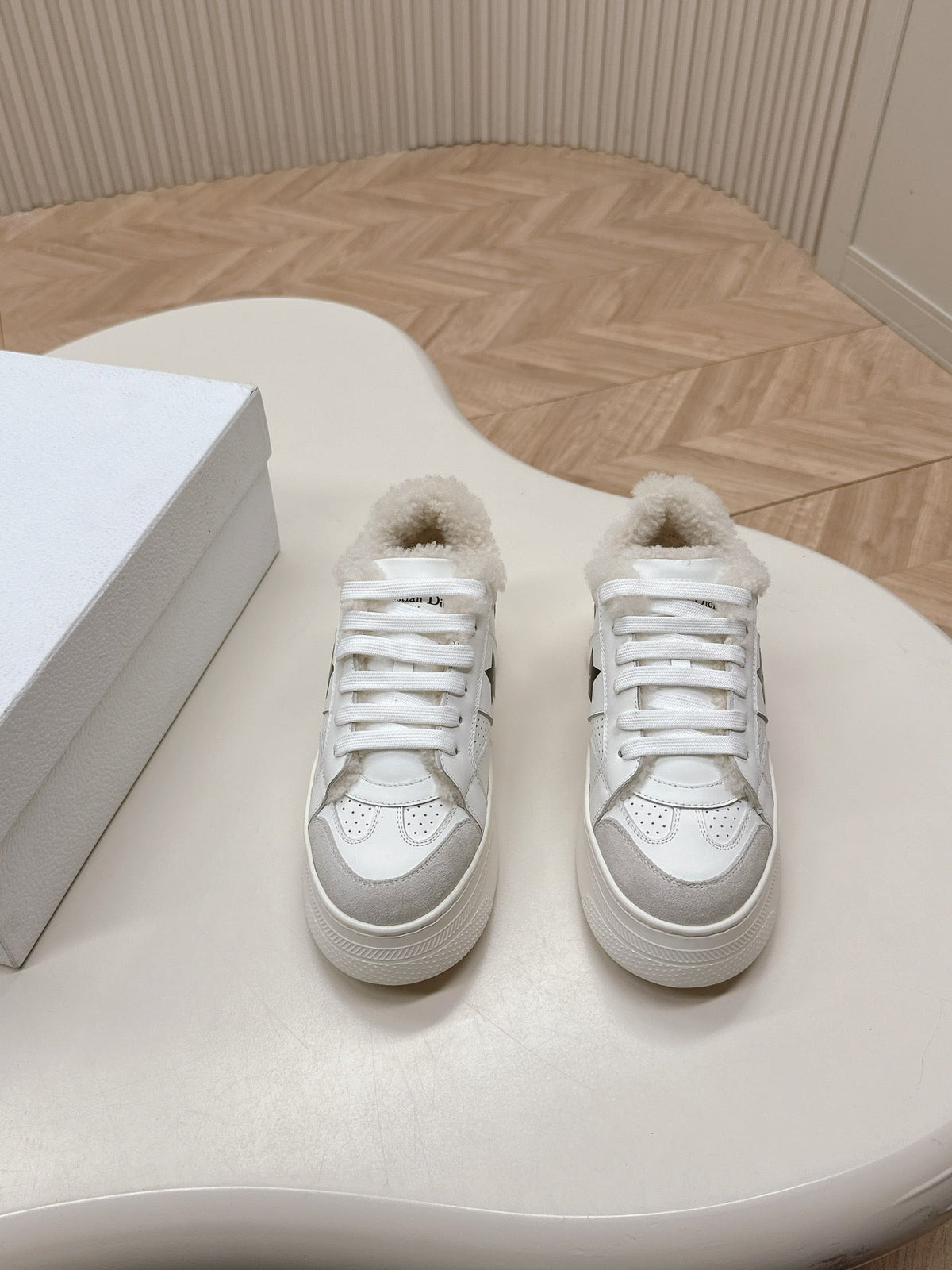 CD Dior Star Platform Sneaker Fleece Lining White Lambskin And Suede