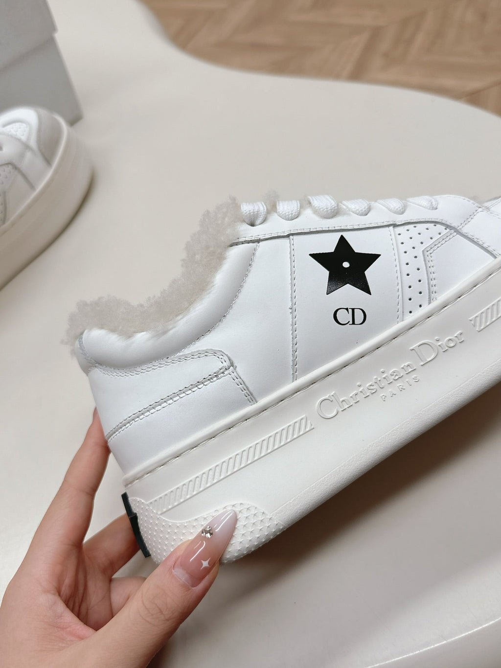 CD Dior Star Platform Sneaker Fleece Lining White Lambskin And Suede