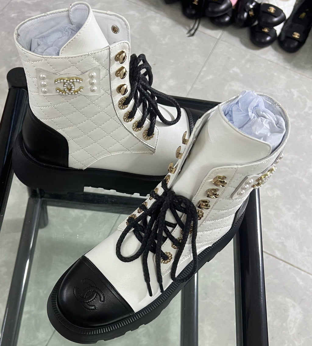 CC Combat Boots White Black Quilted Lambskin 944574