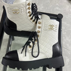 CC Combat Boots White Black Quilted Lambskin 944574