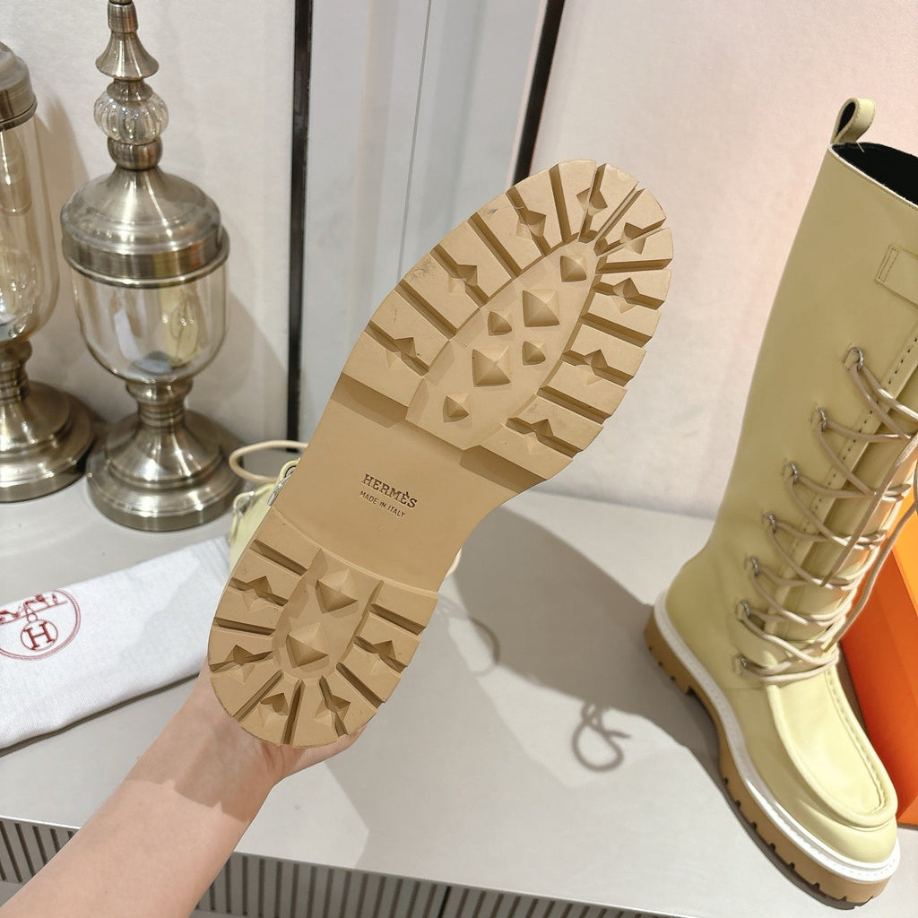 HM Lace Up Boots 25mm Belt Buckle Yellow-beige Leather 466587