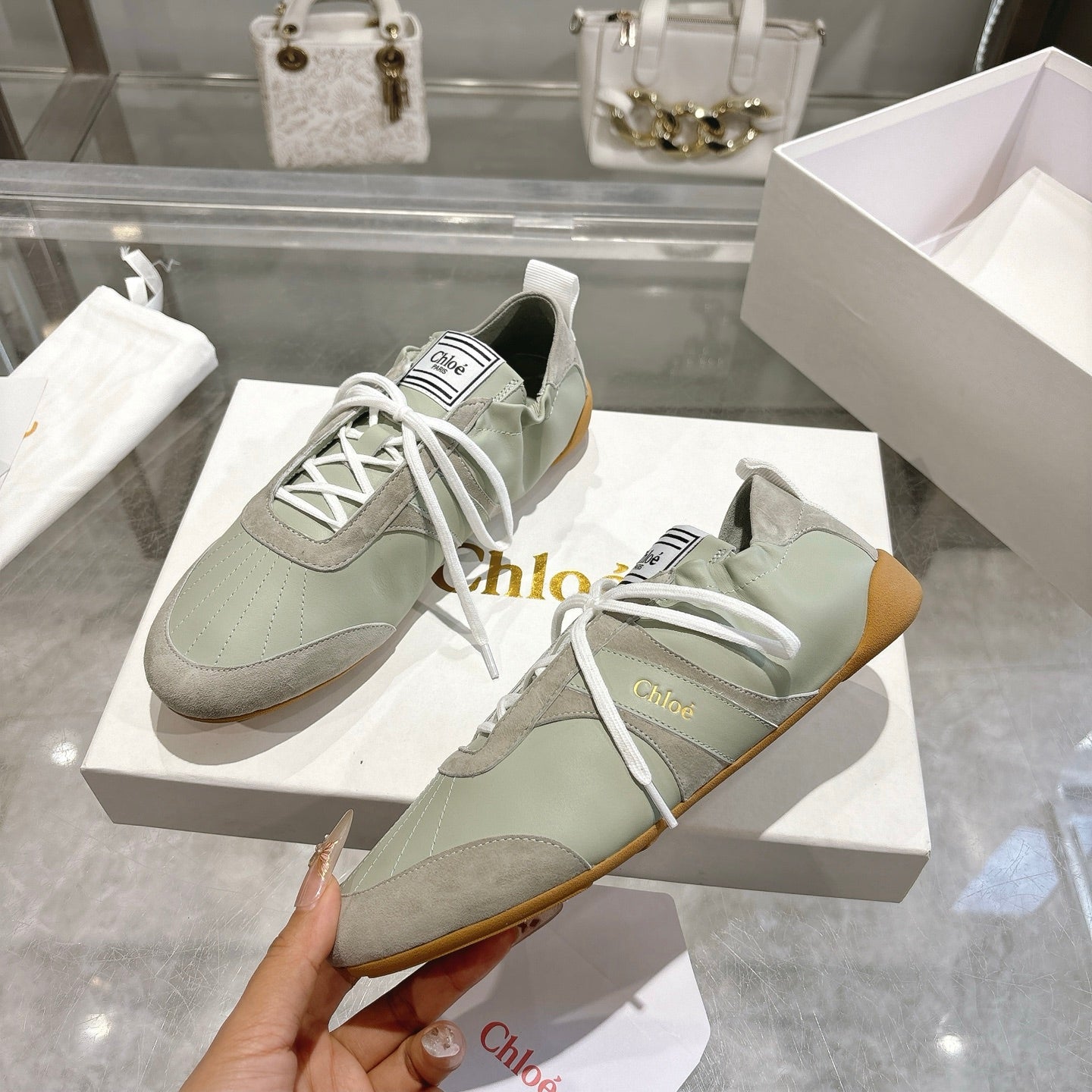 Chloe ballet flat casual shoes light sage green cowhide 518813