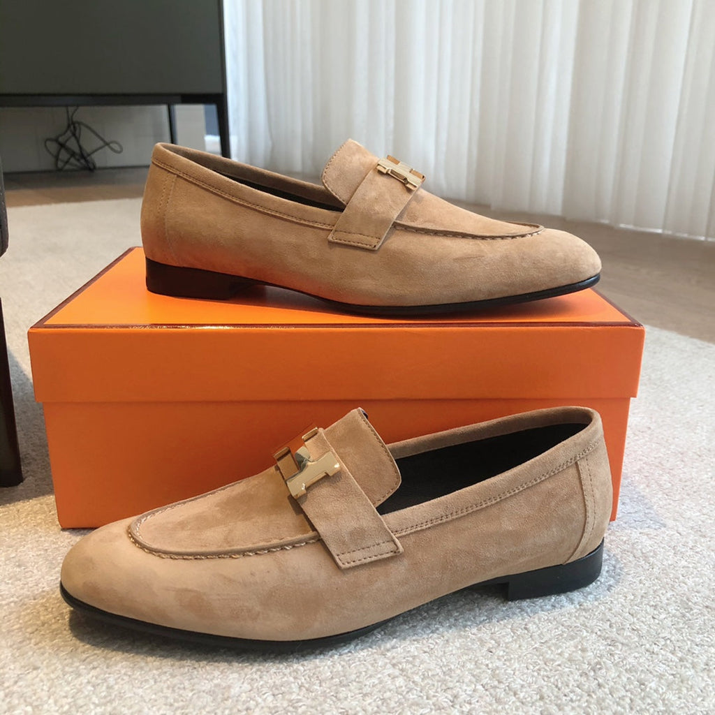 Paris Loafer Light Brown Suede Calfskin With Pink Gold Signature Buckle 509373