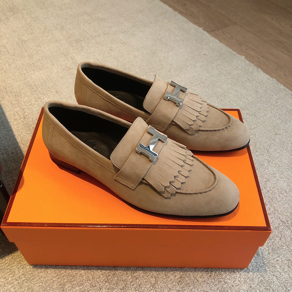 Royal Loafer Beige Suede Calfskin With Fringe Detail And Silver Signature Buckle 509436