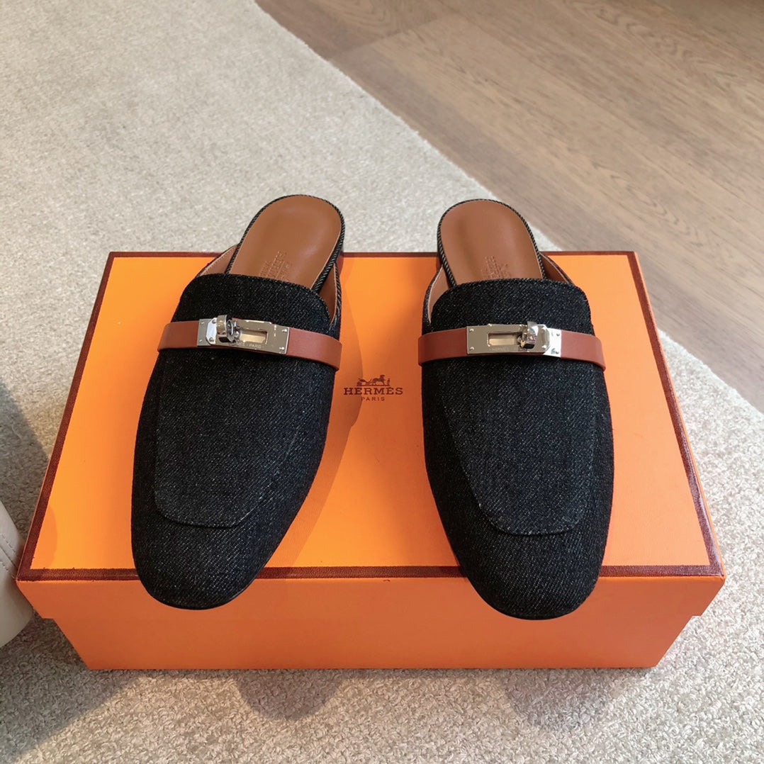 HM OZ Mule Denim Black Brown Cowhide 756853