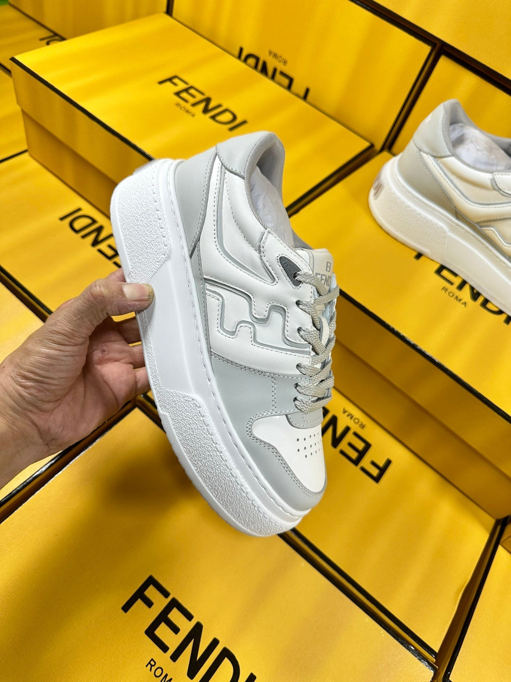 FENDI THICK- ED SNEAKER IN WHITE MIX GREY LAMBSKIN