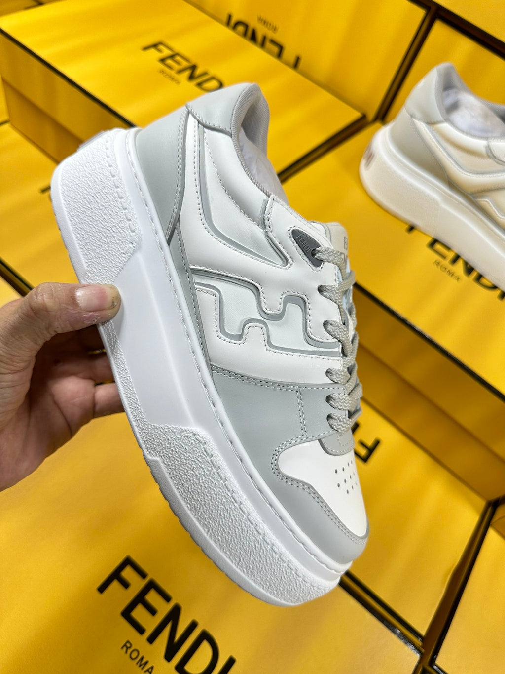 FENDI THICK- ED SNEAKER IN WHITE MIX GREY LAMBSKIN