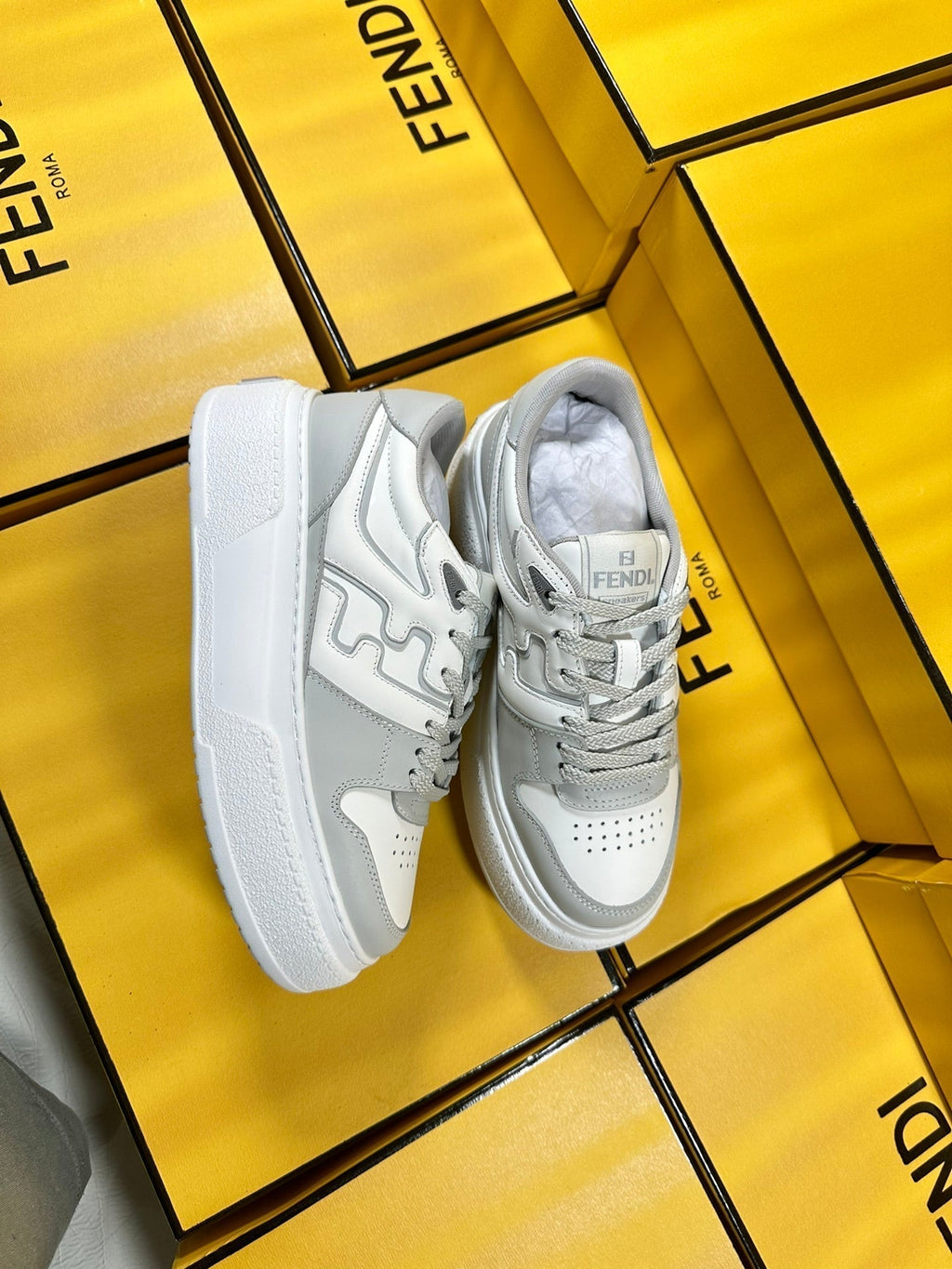 FENDI THICK- ED SNEAKER IN WHITE MIX GREY LAMBSKIN