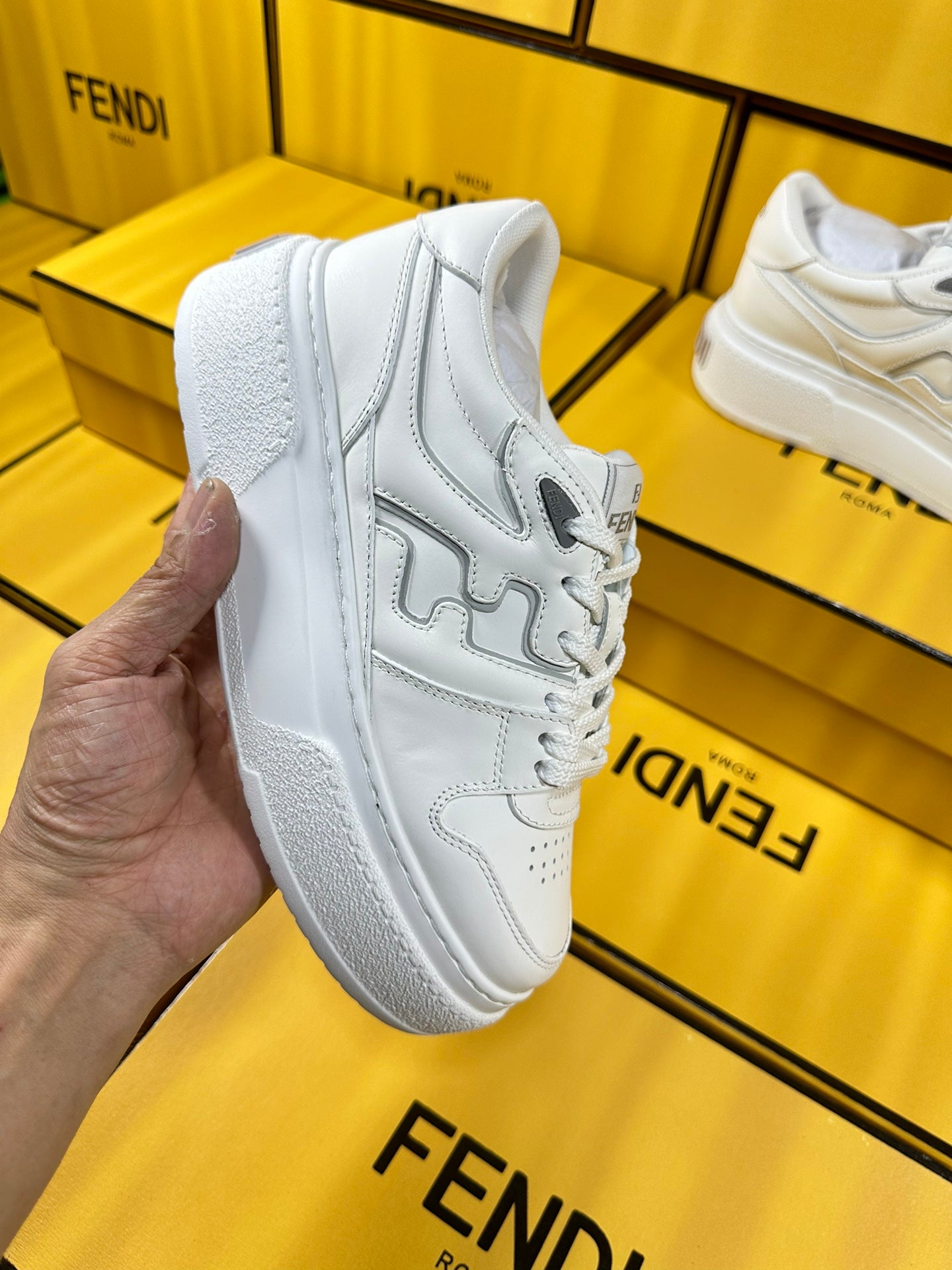 FENDI THICK- ED SNEAKER IN WHITE LAMBSKIN