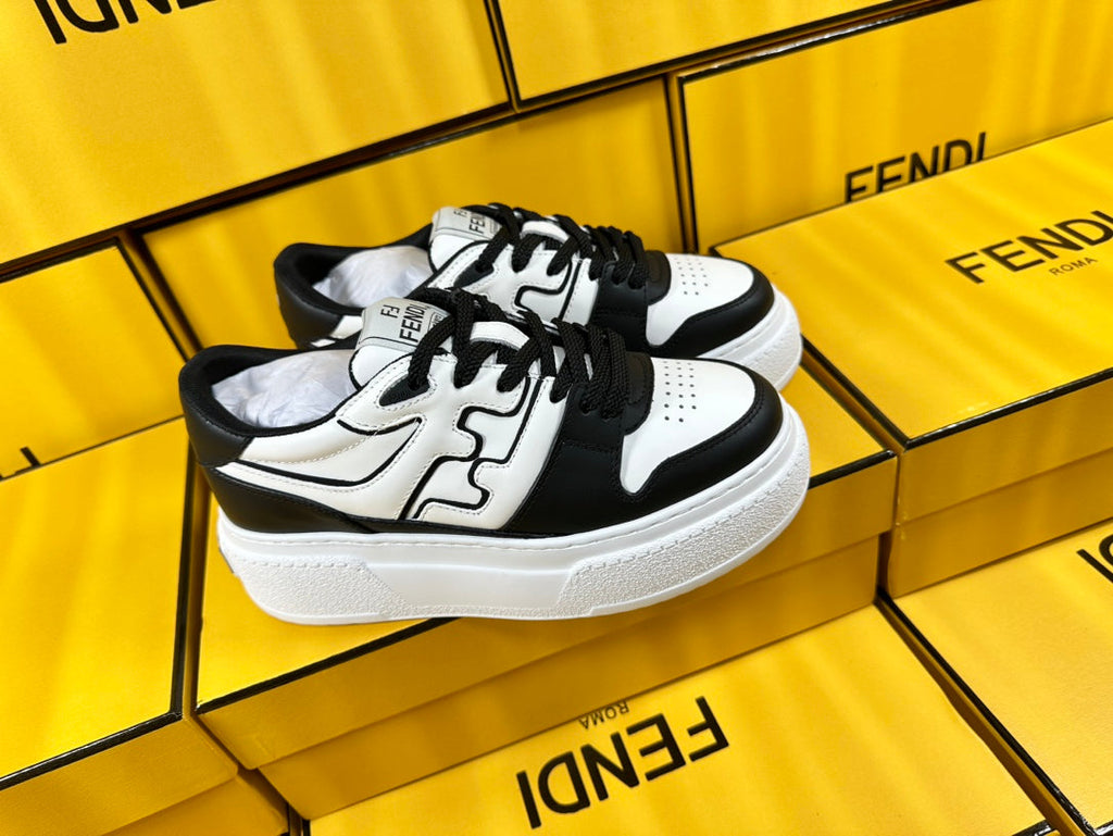 FENDI THICK- ED SNEAKER IN WHITE AND BLACK LAMBSKIN