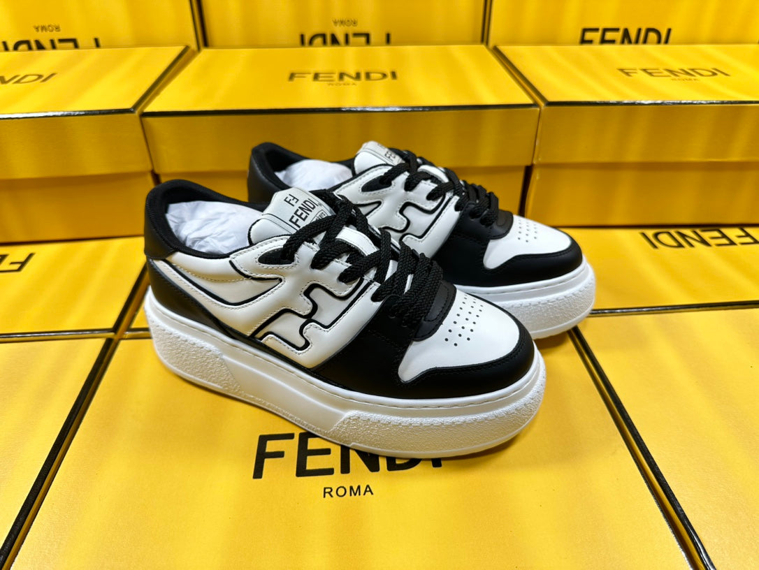 FENDI THICK- ED SNEAKER IN WHITE AND BLACK LAMBSKIN