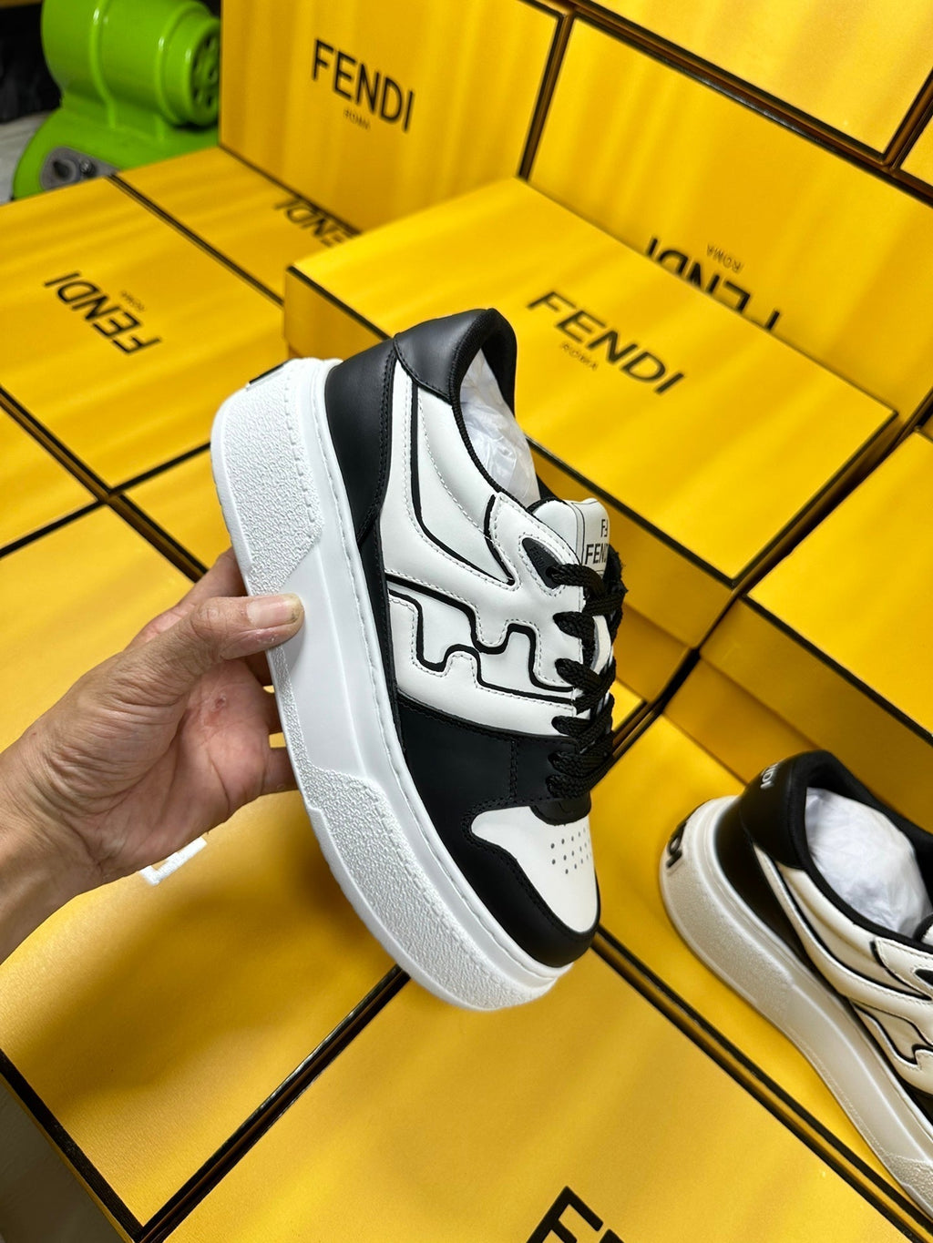 FENDI THICK- ED SNEAKER IN WHITE AND BLACK LAMBSKIN