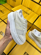 FENDI THICK- ED SNEAKER IN WHITE SUEDE AND MONOGRAM FABRIC