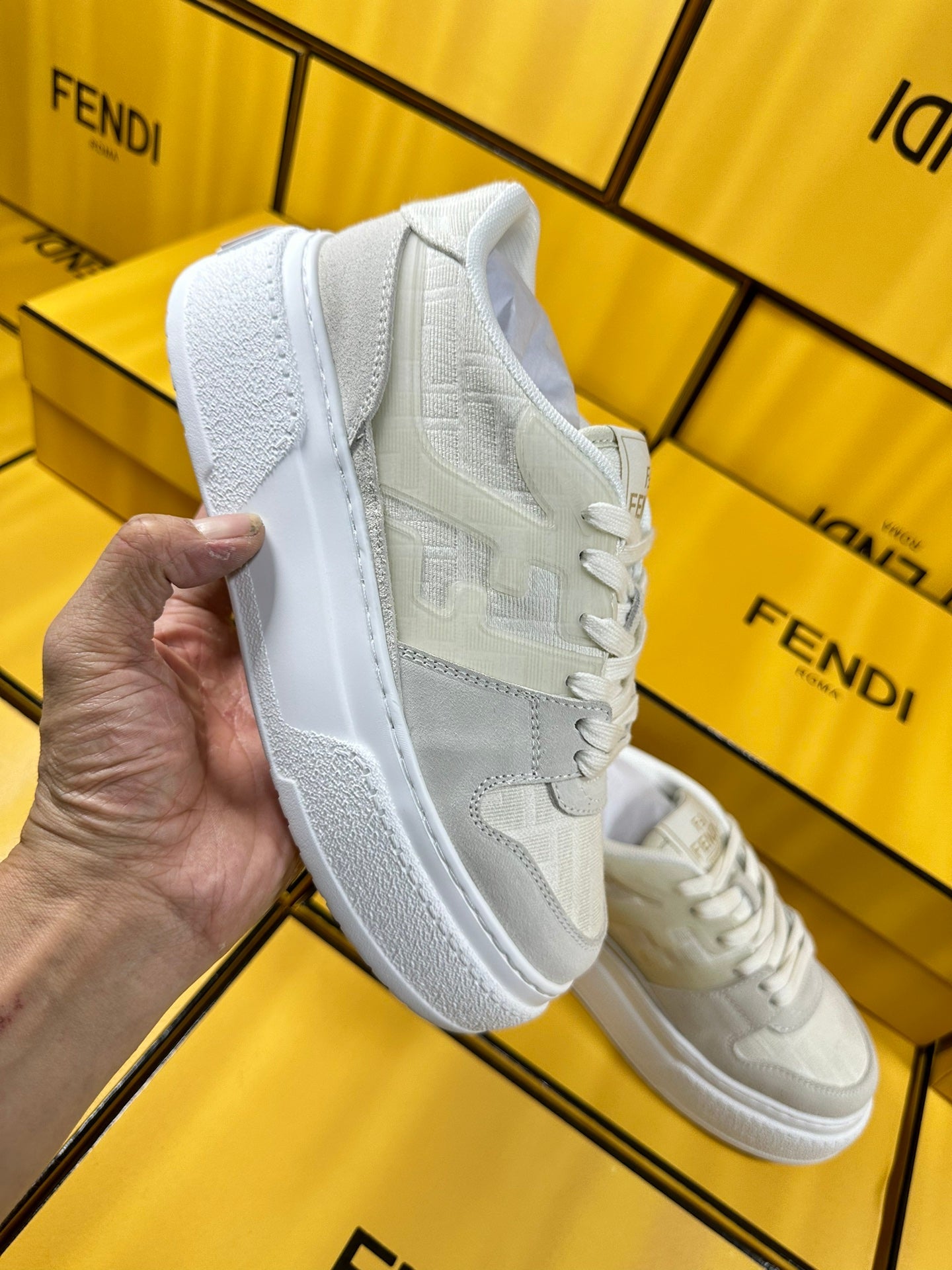 FENDI THICK- ED SNEAKER IN WHITE SUEDE AND MONOGRAM FABRIC