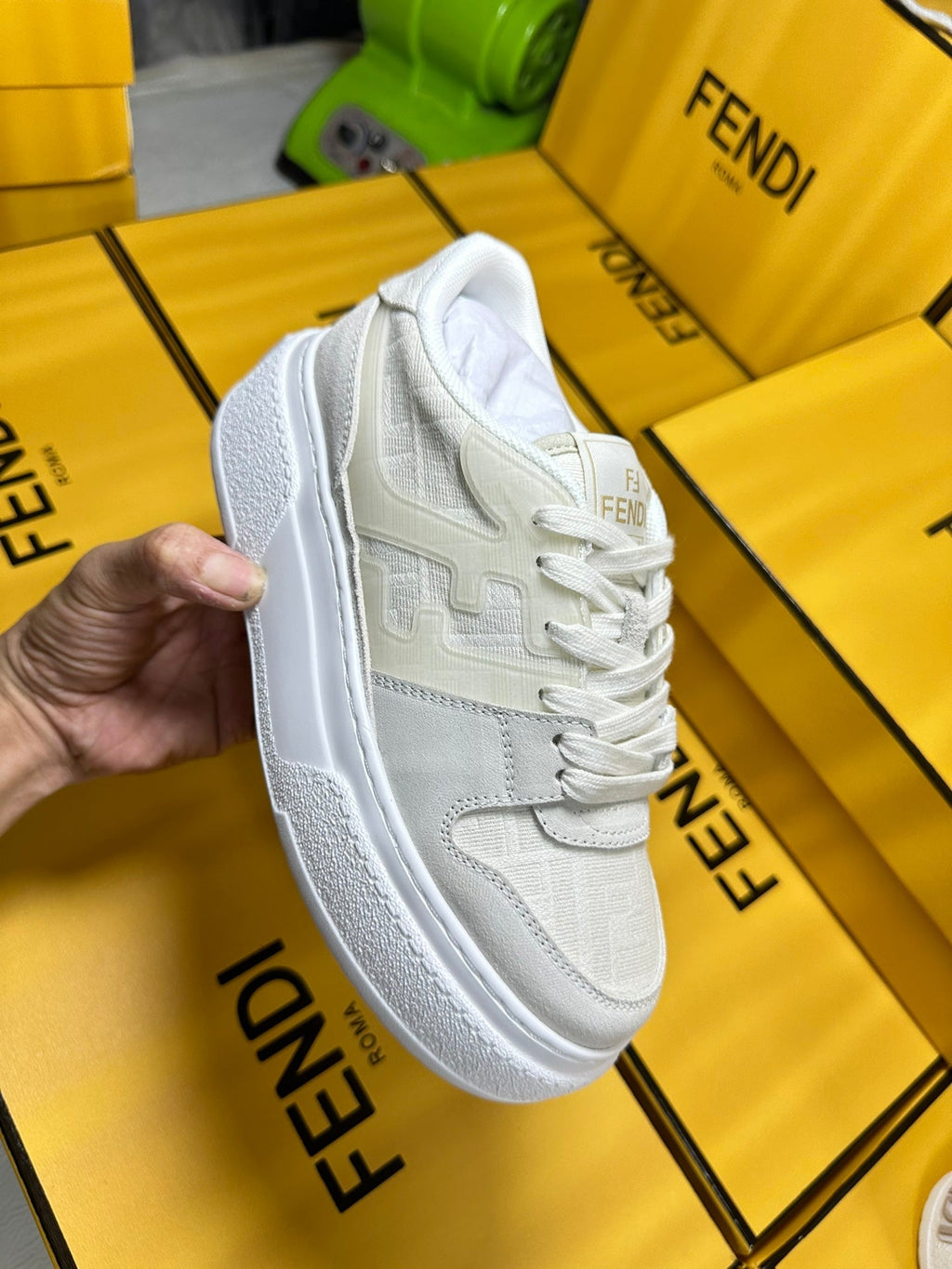 FENDI THICK- ED SNEAKER IN WHITE SUEDE AND MONOGRAM FABRIC