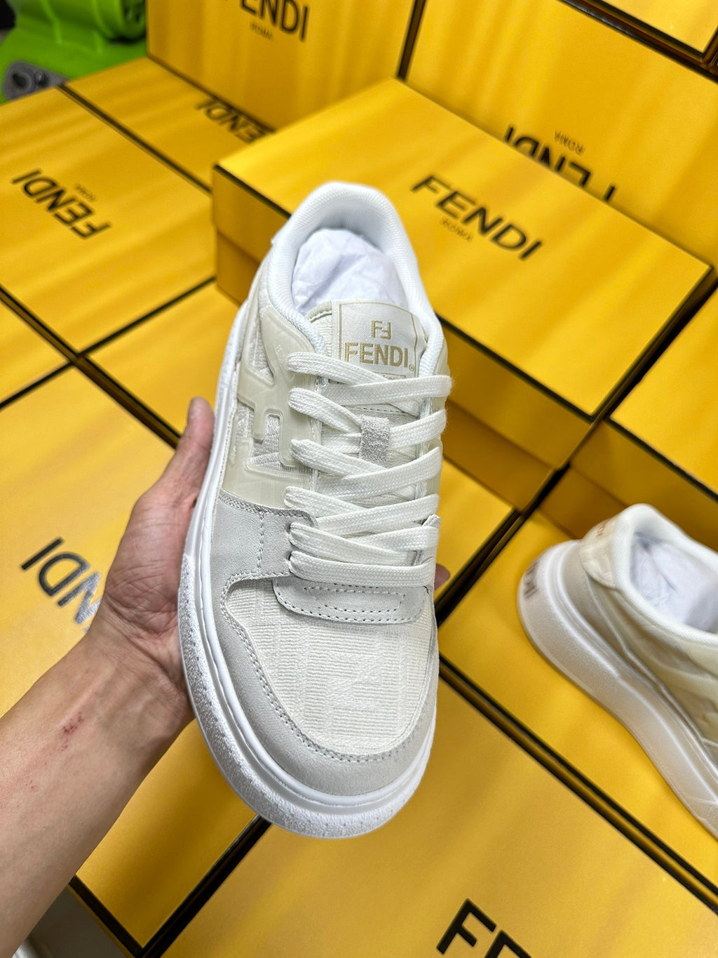 FENDI THICK- ED SNEAKER IN WHITE SUEDE AND MONOGRAM FABRIC