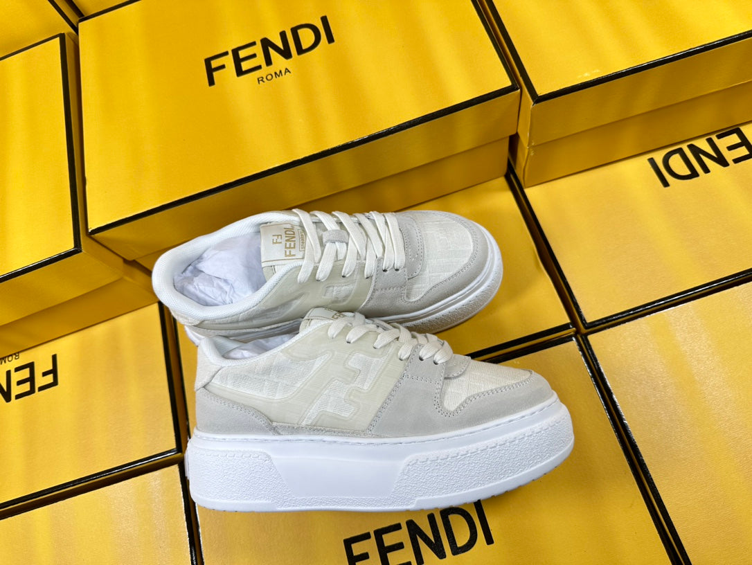 FENDI THICK- ED SNEAKER IN WHITE SUEDE AND MONOGRAM FABRIC