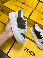 FENDI THICK- ED SNEAKER IN WHITE SUEDE AND BROWN MONOGRAM FABRIC