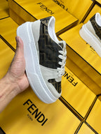 FENDI THICK- ED SNEAKER IN WHITE SUEDE AND BROWN MONOGRAM FABRIC