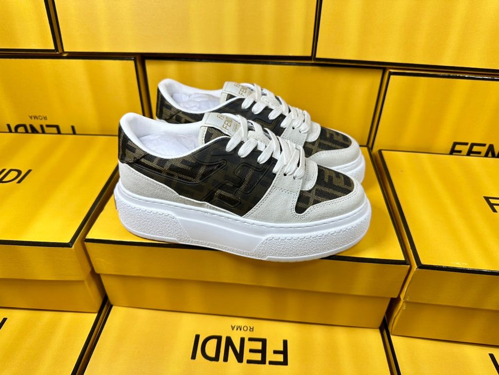 FENDI THICK- ED SNEAKER IN WHITE SUEDE AND BROWN MONOGRAM FABRIC