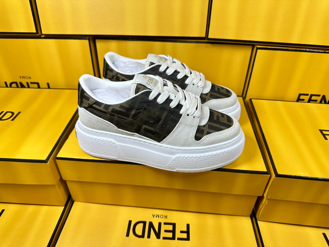 FENDI THICK- ED SNEAKER IN WHITE SUEDE AND BROWN MONOGRAM FABRIC