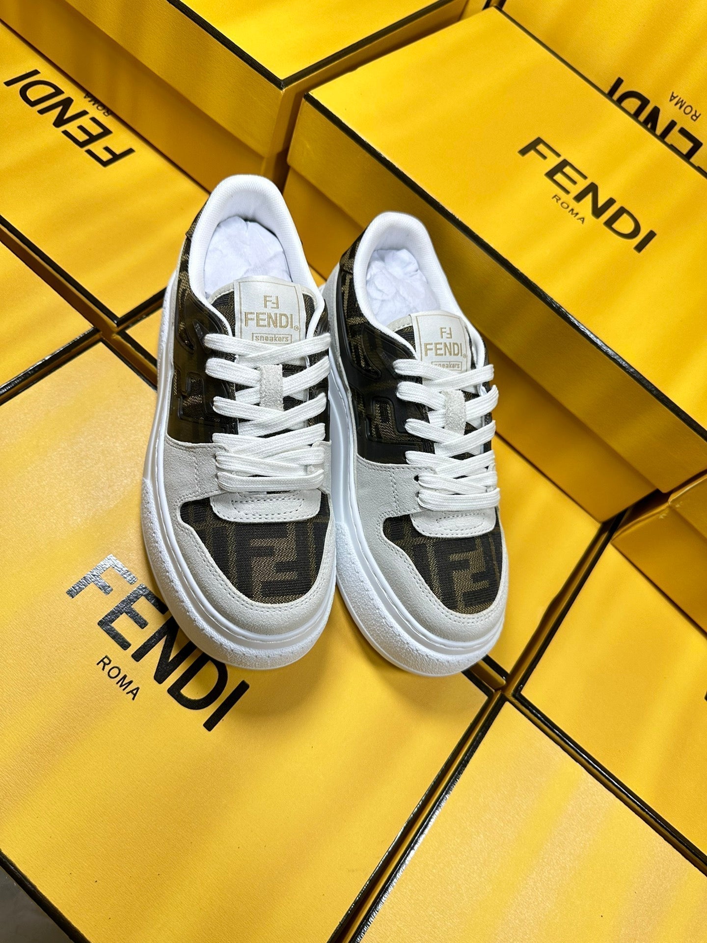 FENDI THICK- ED SNEAKER IN WHITE SUEDE AND BROWN MONOGRAM FABRIC