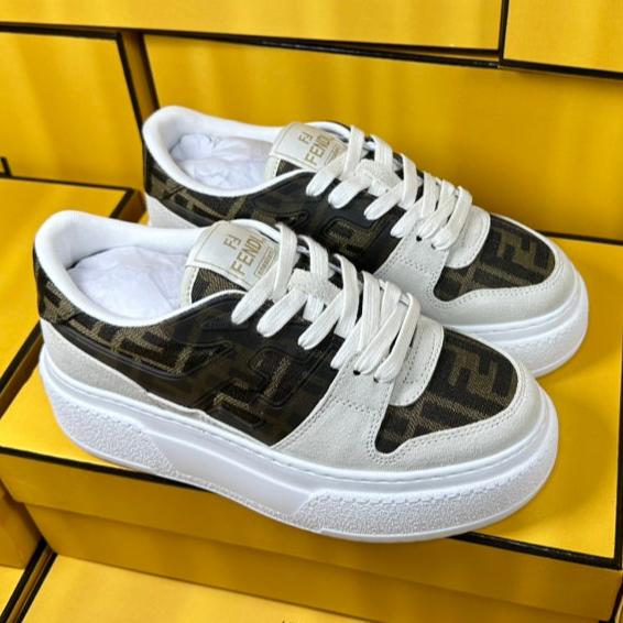 FENDI THICK- ED SNEAKER IN WHITE SUEDE AND BROWN MONOGRAM FABRIC