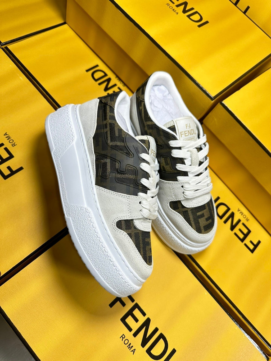 FENDI THICK- ED SNEAKER IN WHITE SUEDE AND BROWN MONOGRAM FABRIC