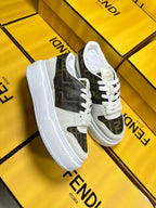 FENDI THICK- ED SNEAKER IN WHITE SUEDE AND BROWN MONOGRAM FABRIC