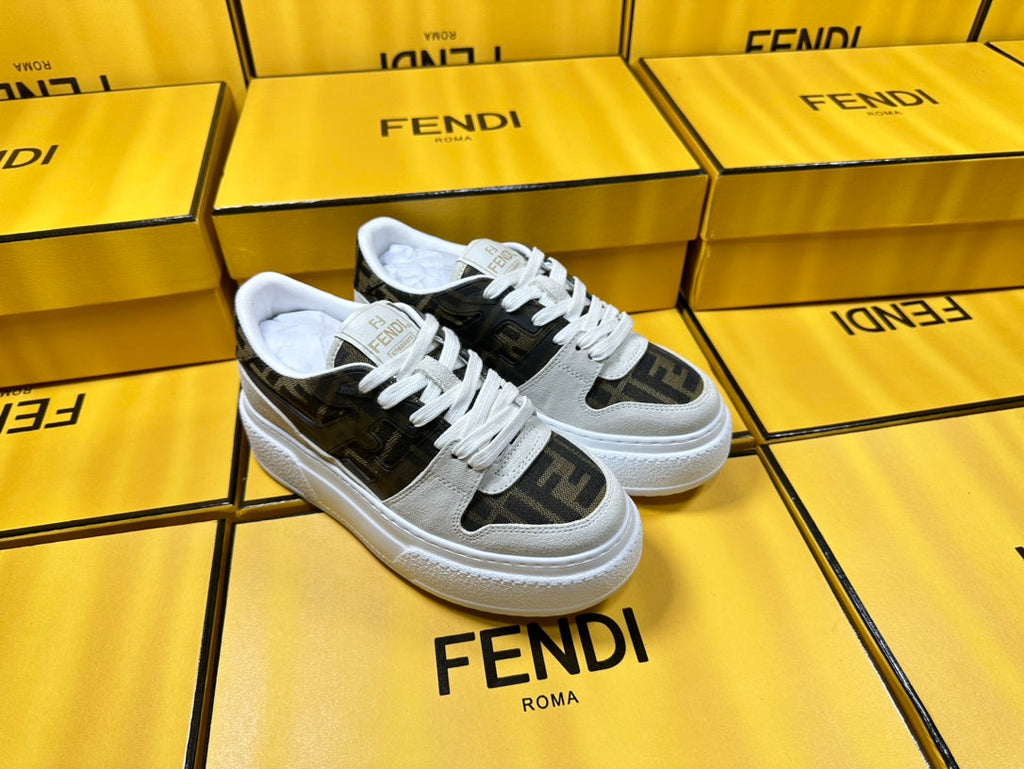 FENDI THICK- ED SNEAKER IN WHITE SUEDE AND BROWN MONOGRAM FABRIC