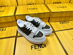 FENDI THICK- ED SNEAKER IN WHITE SUEDE AND BROWN MONOGRAM FABRIC