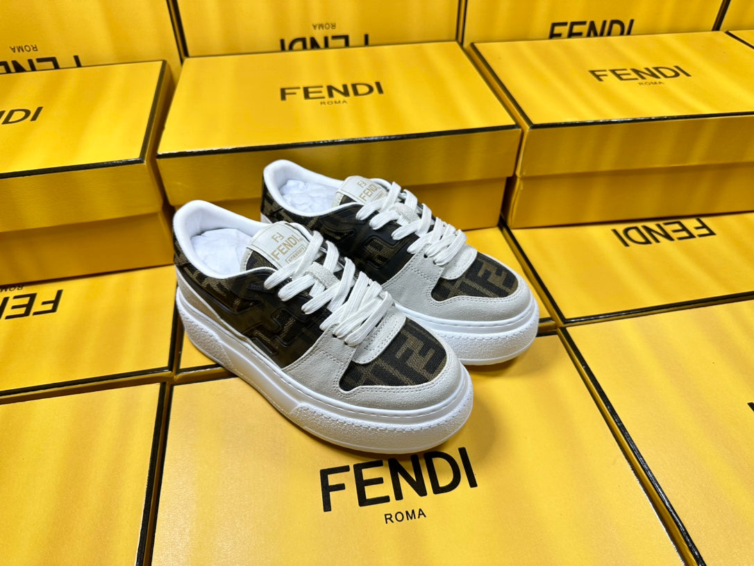 FENDI THICK- ED SNEAKER IN WHITE SUEDE AND BROWN MONOGRAM FABRIC