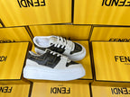 FENDI THICK- ED SNEAKER IN WHITE SUEDE AND BROWN MONOGRAM FABRIC