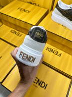 FENDI THICK- ED SNEAKER IN WHITE SUEDE AND BROWN MONOGRAM FABRIC