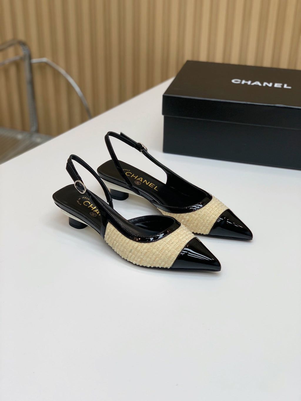 CC 26s Slingback 3.5cm Black Beige Tweed Patent Calfskin 792592