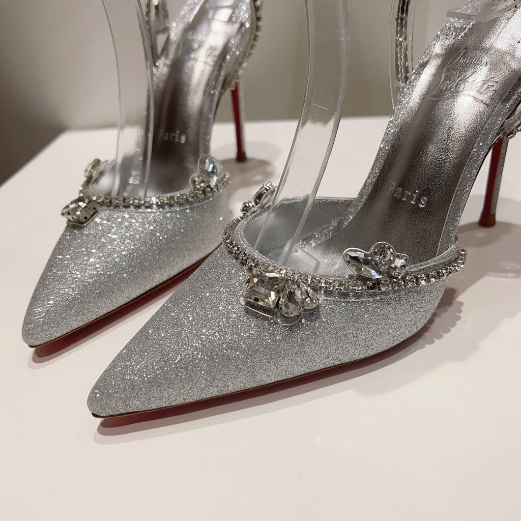 CL Marykate Queen 100MM Pumps Crystal-Embellished Glitter Silver